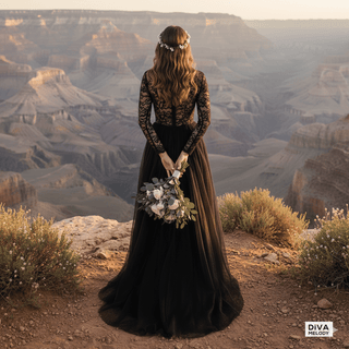 Black Long - Sleeve Lace Wedding Gown - Diva Melody