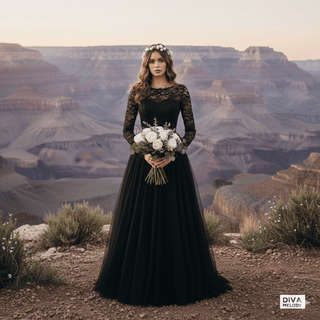 Black Long - Sleeve Lace Wedding Gown - Diva Melody