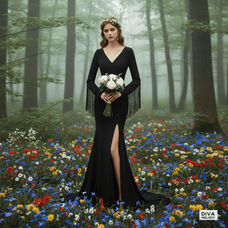 Black Off - Shoulder Tassel Wedding Dress - Diva Melody