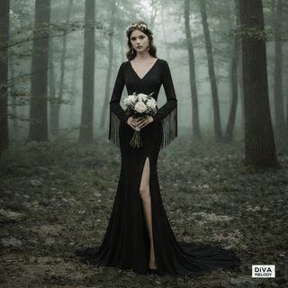 Black Off - Shoulder Tassel Wedding Dress - Diva Melody