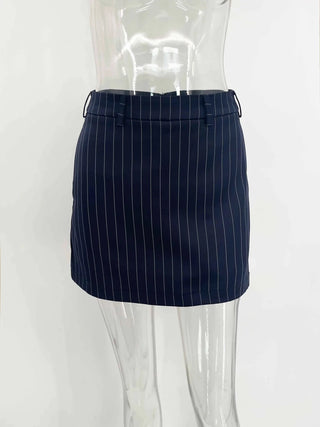 Black Pinstripe Tailored Blazer Top and Mini Skirt Set - Diva Melody