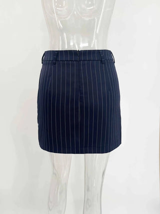 Black Pinstripe Tailored Blazer Top and Mini Skirt Set - Diva Melody