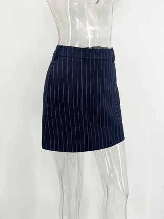 Black Pinstripe Tailored Blazer Top and Mini Skirt Set - Diva Melody