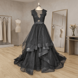 Black Tulle Tiered Ruffle Wedding Dress - Diva Melody