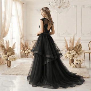 Black Tulle Tiered Ruffle Wedding Dress - Diva Melody