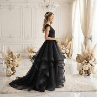 Black Tulle Tiered Ruffle Wedding Dress - Diva Melody