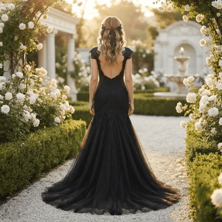 Black V-Neck Mermaid Floral Wedding Dress - Diva Melody