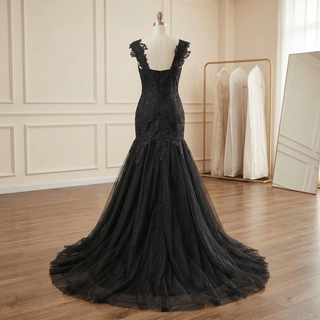 Black V-Neck Mermaid Floral Wedding Dress - Diva Melody