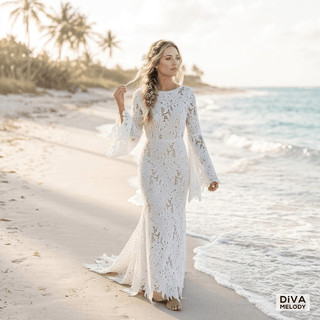 Boat Neck Mermaid Lace Wedding Dress - Diva Melody