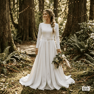 Boat Neck Satin A - line Wedding Dress - Diva Melody