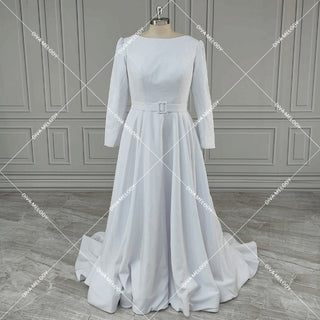 Boat Neck Satin A - line Wedding Dress - Diva Melody