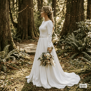 Boat Neck Satin A - line Wedding Dress - Diva Melody