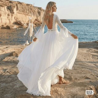 Bohemian Batwing Sleeves Wedding Gown - Diva Melody