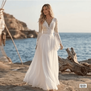 Bohemian Batwing Sleeves Wedding Gown - Diva Melody
