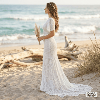 Bohemian Square Collar Lace Wedding Dress - Diva Melody