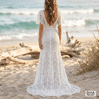 Bohemian Square Collar Lace Wedding Dress - Diva Melody
