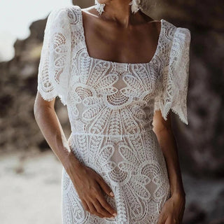 Bohemian Square Collar Lace Wedding Dress - Diva Melody