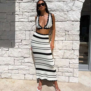 Bohemian Striped Knit Beach Skirt Set - Diva Melody