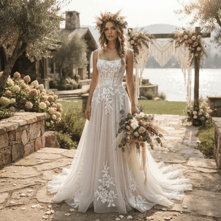 Boho Appliques Lace Wedding Dress - Diva Melody