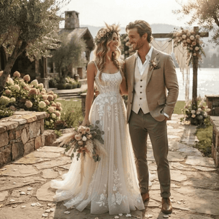 Boho Appliques Lace Wedding Dress - Diva Melody