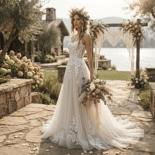 Boho Appliques Lace Wedding Dress - Diva Melody