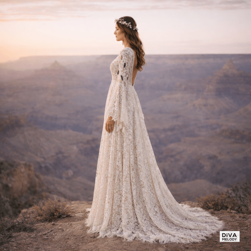 Boho Batwing Sleeve Lace Wedding Dress - Diva Melody