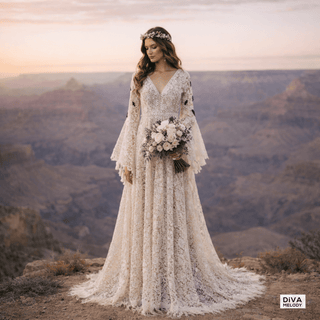 Boho Batwing Sleeve Lace Wedding Dress - Diva Melody