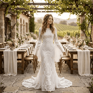 Boho Bell Sleeve Geometric Lace Mermaid Wedding Dress - Diva Melody