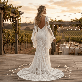 Boho Bell Sleeve Geometric Lace Mermaid Wedding Dress - Diva Melody