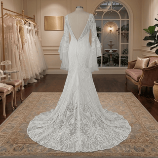 Boho Bell Sleeve Geometric Lace Mermaid Wedding Dress - Diva Melody