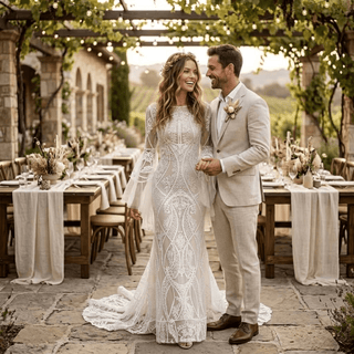 Boho Bell Sleeve Geometric Lace Mermaid Wedding Dress - Diva Melody
