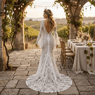 Boho Bell Sleeve Geometric Lace Mermaid Wedding Dress - Diva Melody