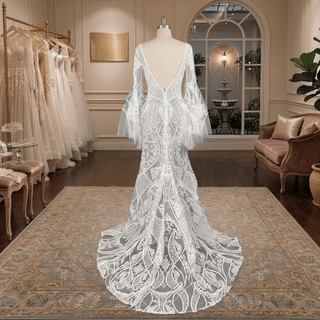 Boho Bell Sleeve Geometric Lace Mermaid Wedding Dress - Diva Melody