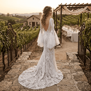 Boho Bell Sleeve Geometric Lace Mermaid Wedding Dress - Diva Melody