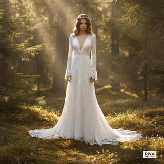 Boho Deep V - Neckline Wedding Dress - Diva Melody