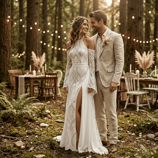 Boho Halter High Slit Lace Wedding Dress - Diva Melody