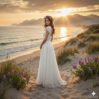 Boho Inspired Lace Chiffon Bridal Gown - Diva Melody