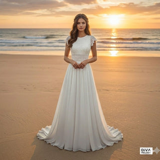 Boho Inspired Lace Chiffon Bridal Gown - Diva Melody