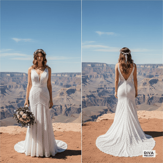 Boho Lace Deep V - Neck Wedding Gown - Diva Melody
