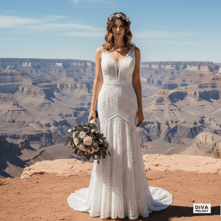 Boho Lace Deep V - Neck Wedding Gown - Diva Melody