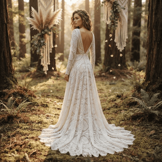Boho Lace Scalloped Hem A-Line Bridal Gown - Diva Melody