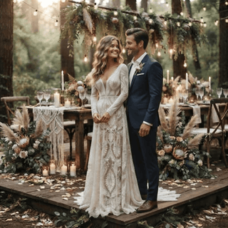 Boho Lace Scalloped Hem A-Line Bridal Gown - Diva Melody