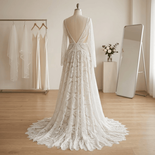Boho Lace Scalloped Hem A-Line Bridal Gown - Diva Melody