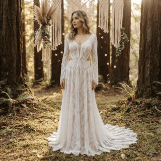 Boho Lace Scalloped Hem A-Line Bridal Gown - Diva Melody
