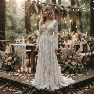 Boho Lace Scalloped Hem A-Line Bridal Gown - Diva Melody