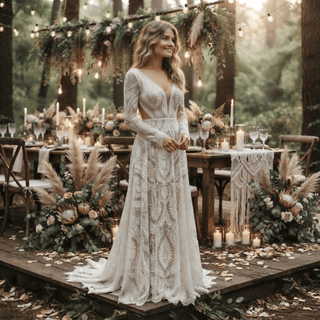 Boho Lace Scalloped Hem A-Line Bridal Gown - Diva Melody