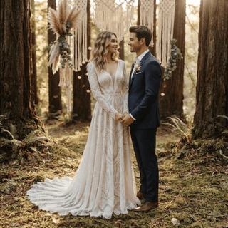 Boho Lace Scalloped Hem A-Line Bridal Gown - Diva Melody