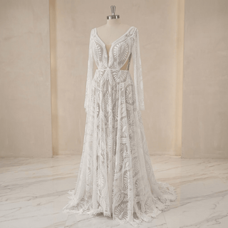 Boho Lace Scalloped Hem A-Line Bridal Gown - Diva Melody