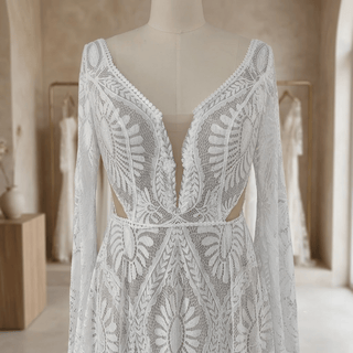 Boho Lace Scalloped Hem A-Line Bridal Gown - Diva Melody
