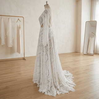 Boho Lace Scalloped Hem A-Line Bridal Gown - Diva Melody